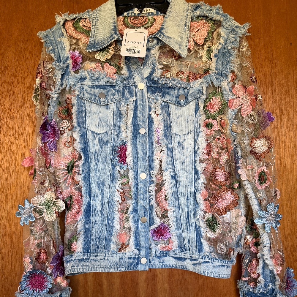 NWT Adore Denim Lace Embroidered Jacket, Sz. Small